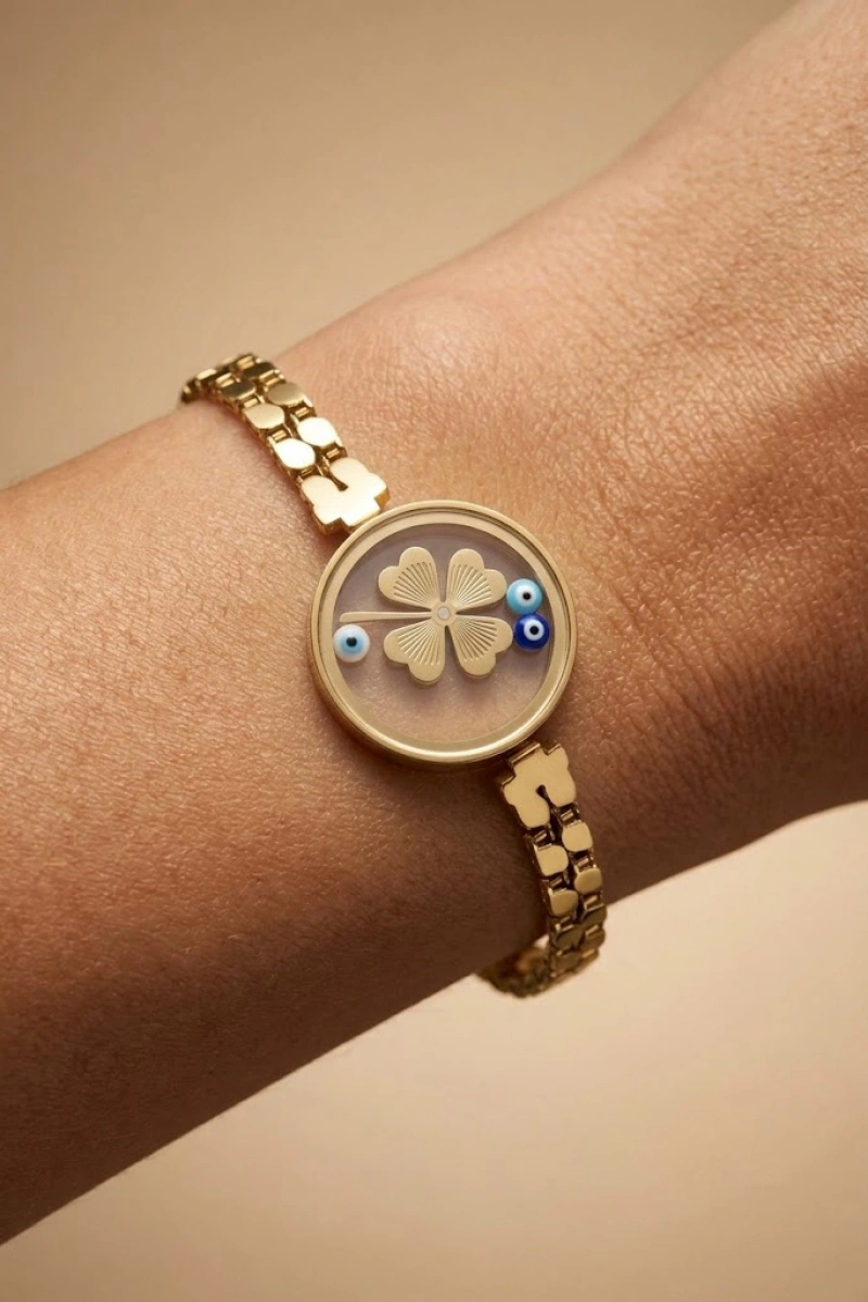 Cam Çerçeve Yonca Model Gold Altın Kaplama Bileklik