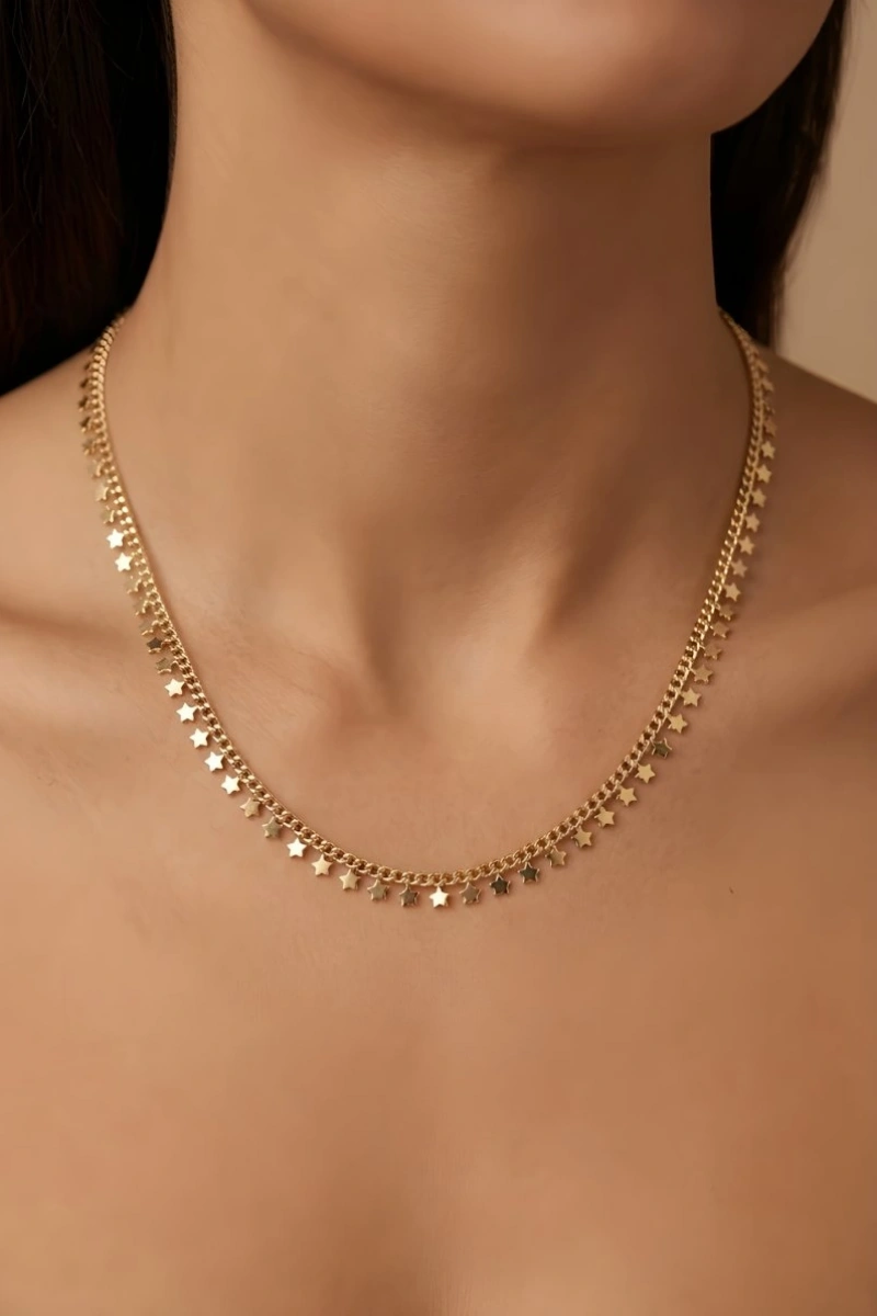 Sıralı Yıldız Model Gold Altın Kaplama Kolye