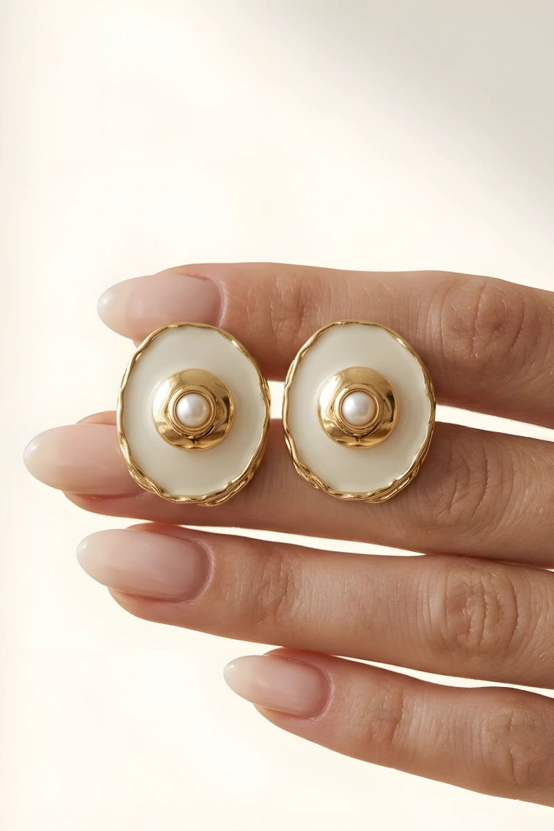 Oval İnci Model Gold Altın Kaplama Küpe
