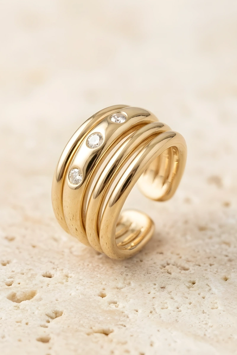 Dört Sıra Taş Detay Gold Altın Kaplama Ear Cuff