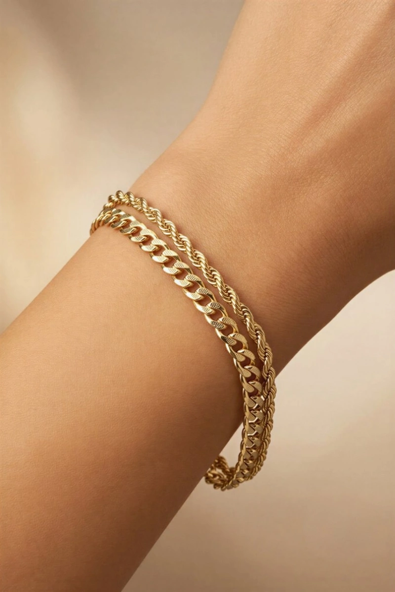 Çift Zincir Burgu Model Gold Altın Kaplama Bileklik