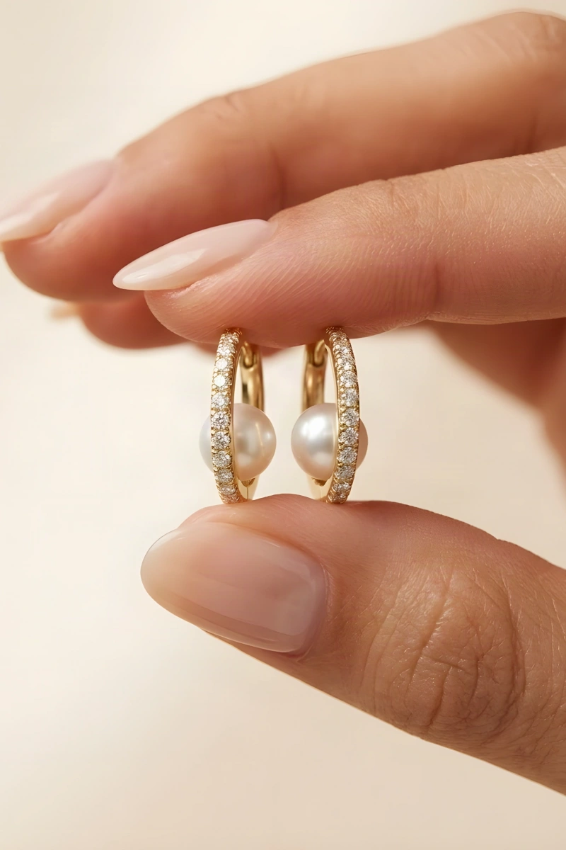 Taşlı Halka Model İnci Detay Gold Altın Kaplama Küpe