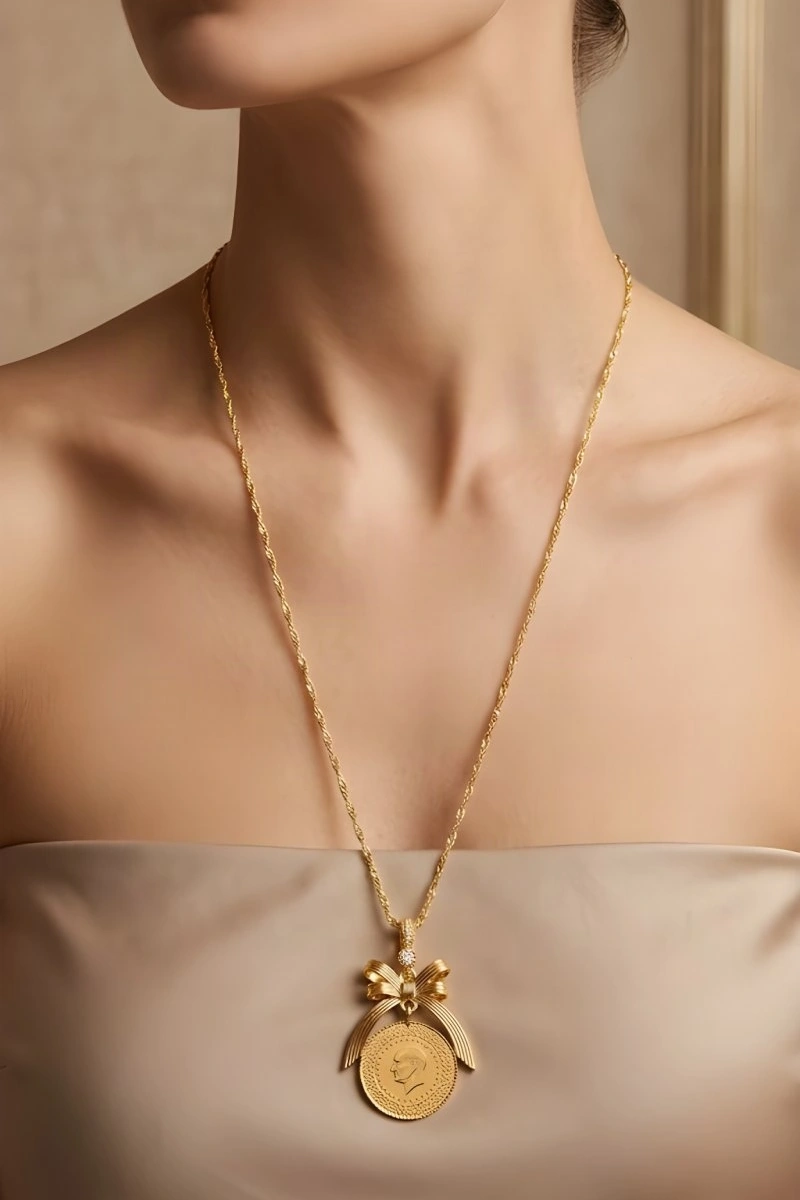 Fiyonklu Çeyrek Model Burma Model Gold Altın Kaplama Kolye