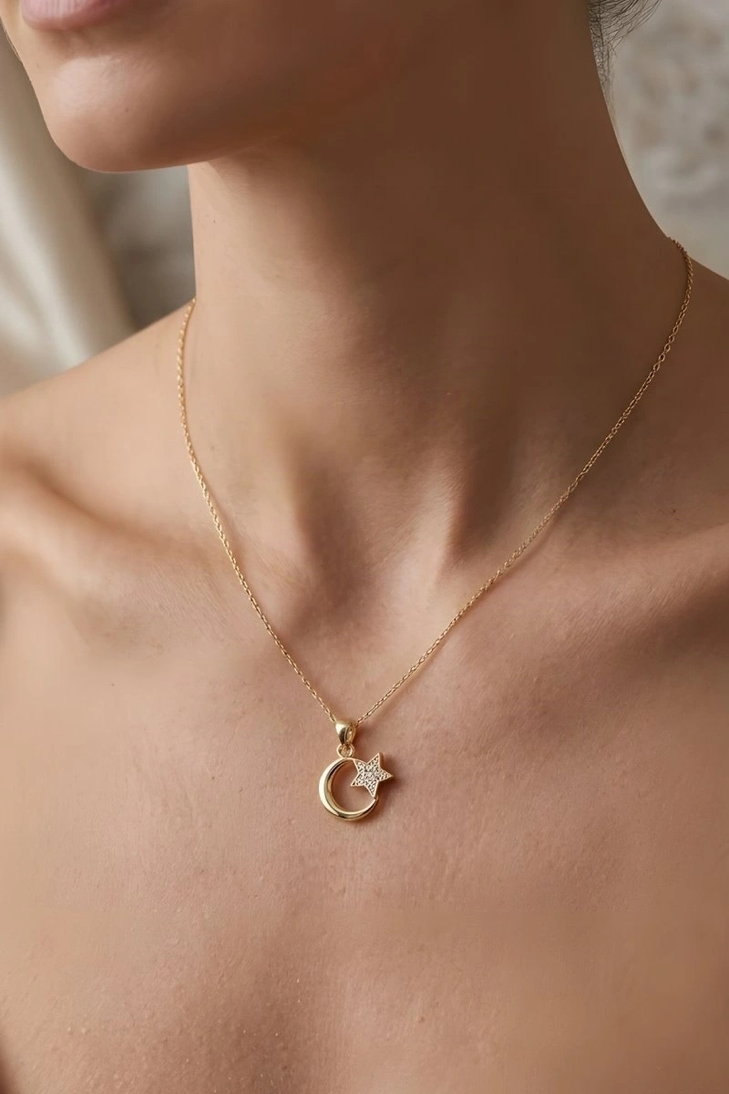 Ay Yıldız Model Gold Altın Kaplama Kolye