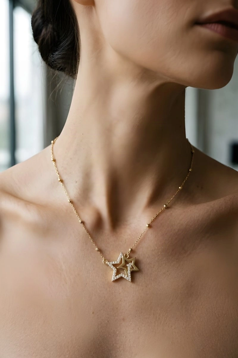 İç İçe Yıldız Model Gold Altın Kaplama Kolye