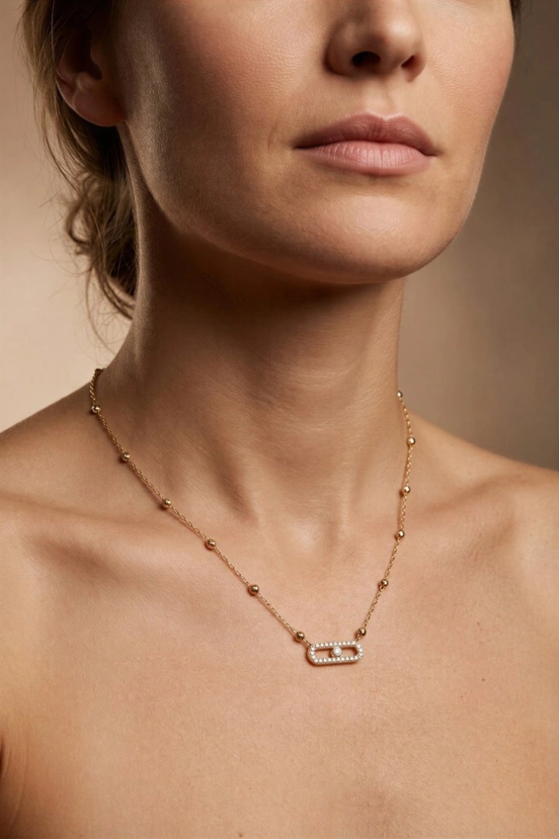 Oval Taş Model Gold Altın Kaplama Kolye