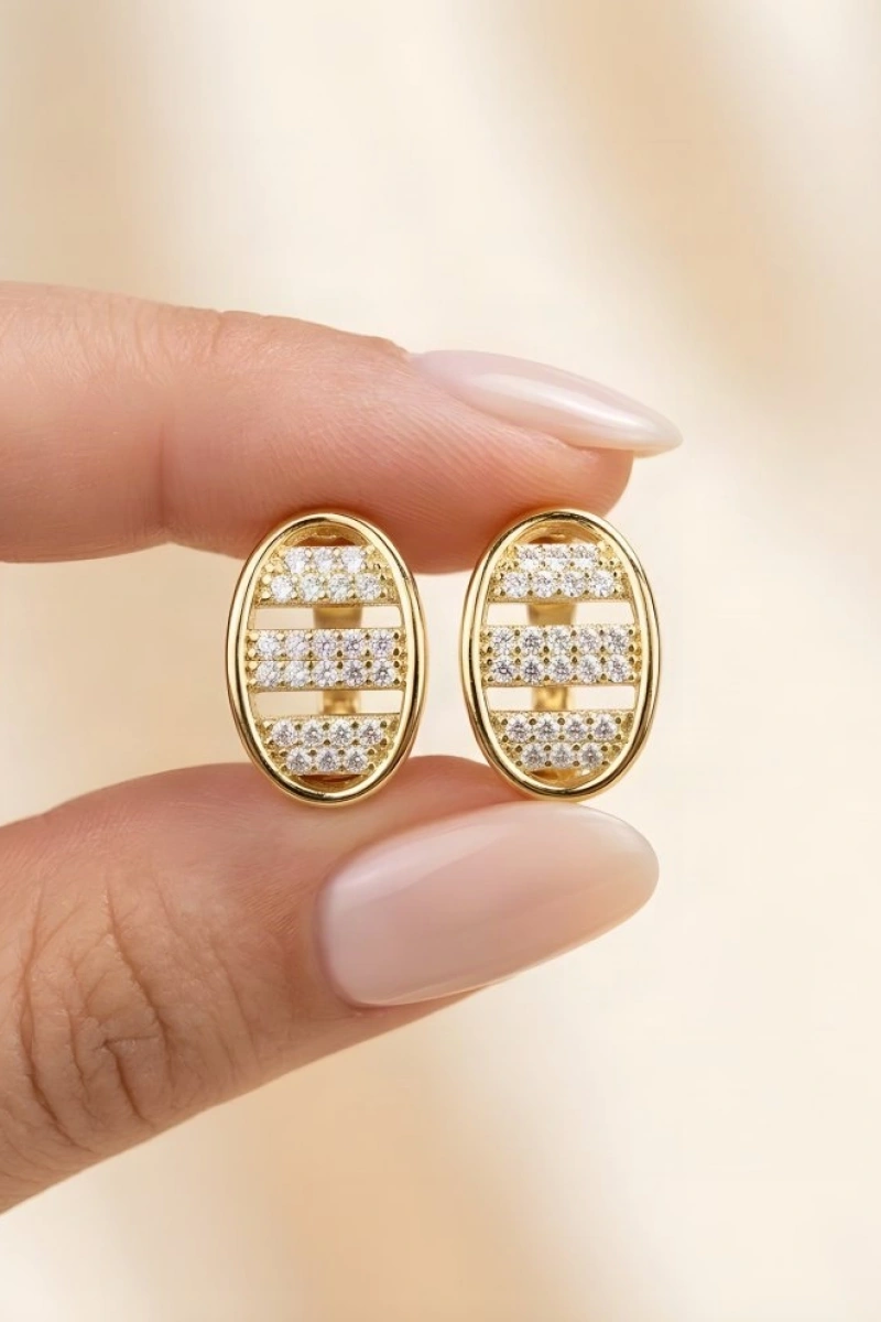 Oval Üç Şerit Model Gold Altın Kaplama Küpe