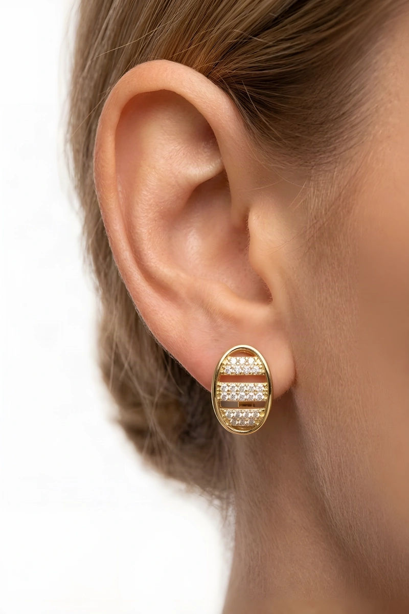 Oval Üç Şerit Model Gold Altın Kaplama Küpe