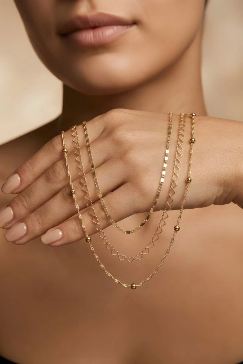 Sarmal Kalp Plaka Model Gold Altın Kaplama Kolye Set
