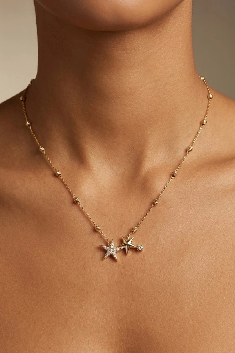 Taşlı Yıldız Model Gold Altın Kaplama Kolye
