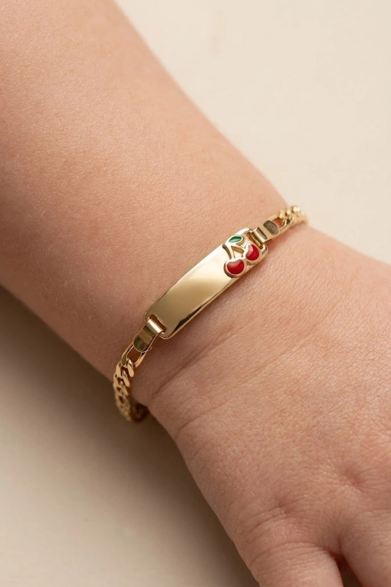 -İSİMLİ- İnce Ezik Bağlı Cherry Model Gold Altın Kaplama Bebek Künyesi