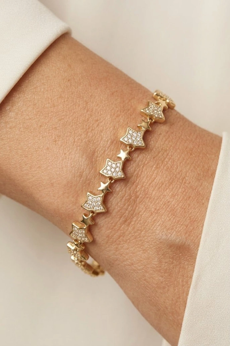 Taşlı Yarım Yıldız Model Gold Altın Kaplama Bileklik