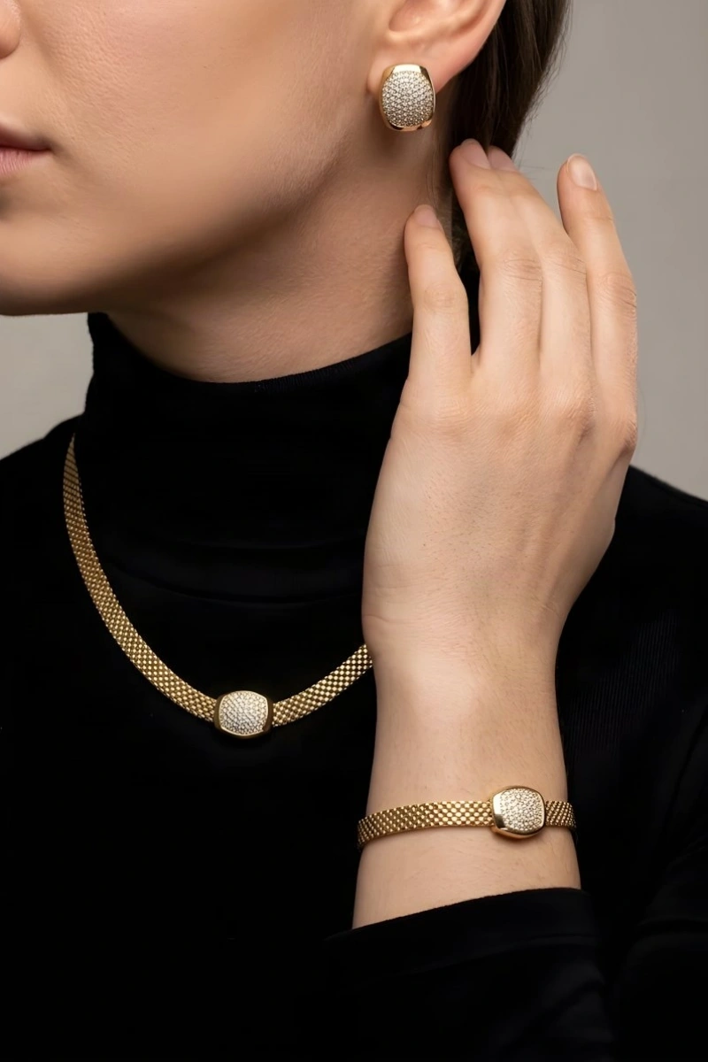 Hasır Model Taş Detay Gold Altın Kaplama Set
