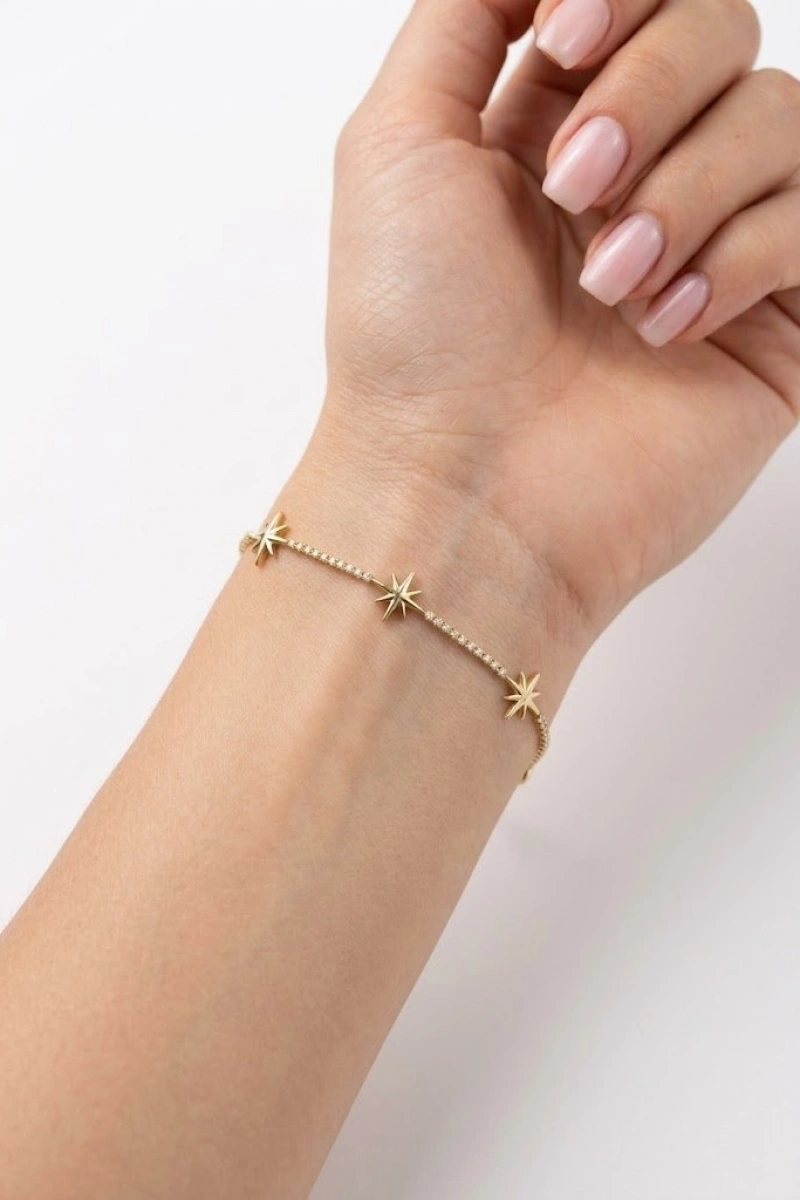 Su Yolu Zincir Yıldız Model Gold Altın Kaplama Bileklik