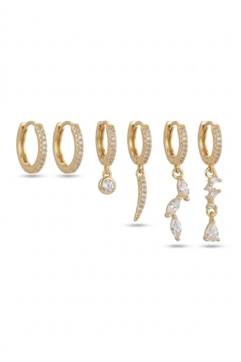 Yaprak Model Gold Altın Kaplama Altılı Küpe