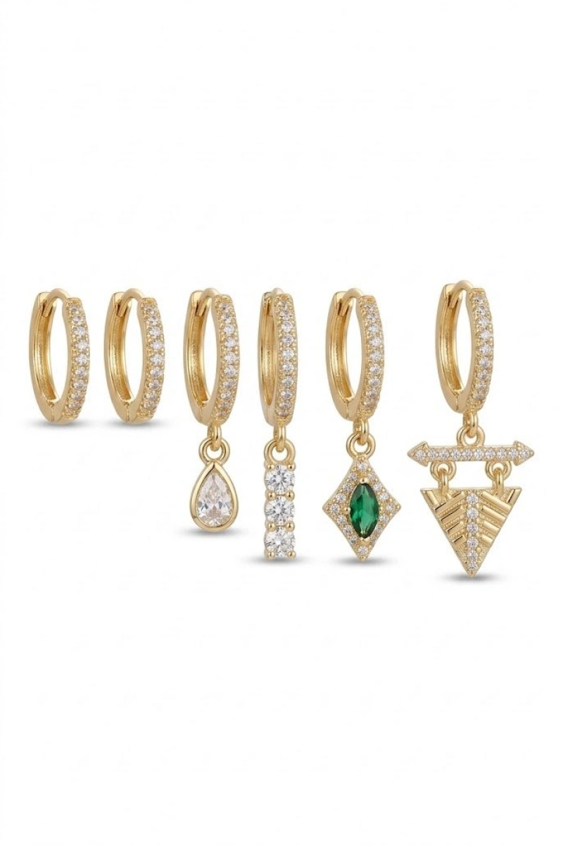 Üçgen Model Gold Altın Kaplama Altılı Küpe