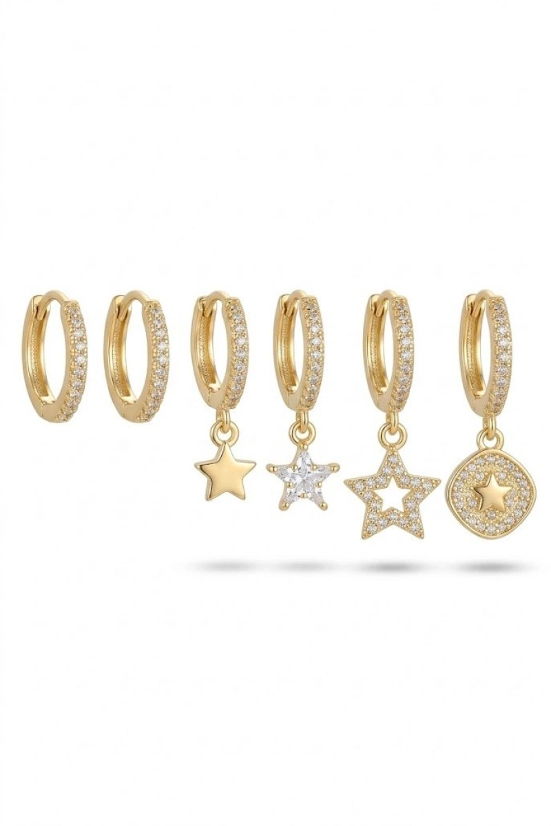 Taşlı Yıldız Model Gold Altın Kaplama Altılı Küpe