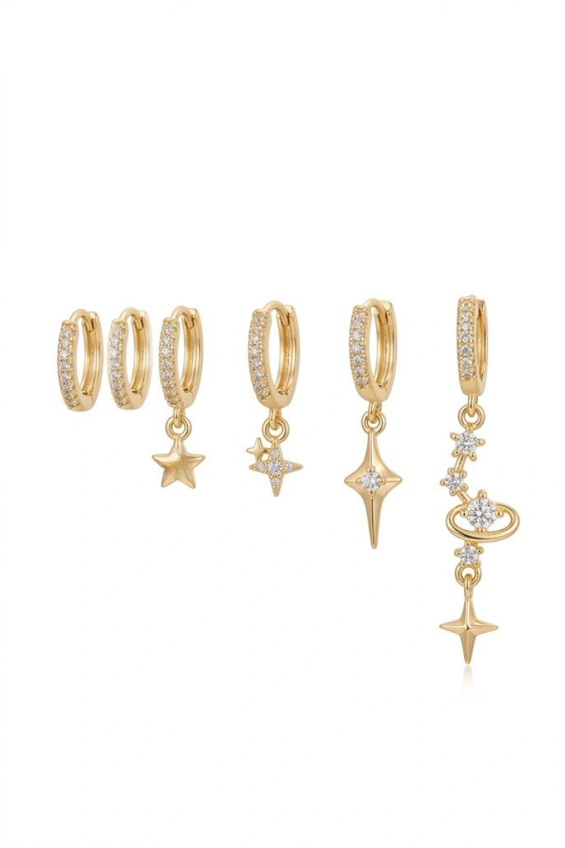 Sarkıt Yıldız Model Gold Altın Kaplama Altılı Küpe