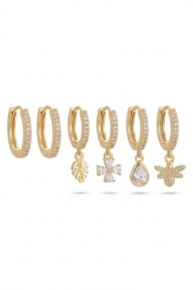 Arı Model Gold Altın Kaplama Altılı Küpe