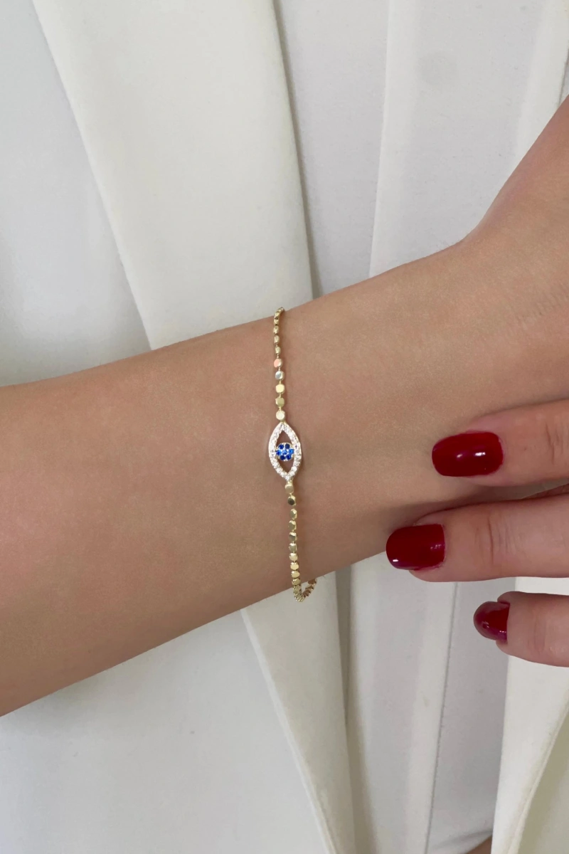 Pul Model Oval Taşlı Göz Gold Altın Kaplama Bileklik