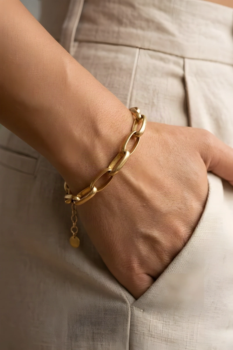 Sıralı Oval Halka Model Gold Altın Kaplama Çelik Bileklik