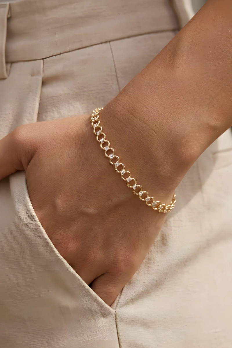 Oval Zincir Taş Detay Gold Altın Kaplama Bileklik