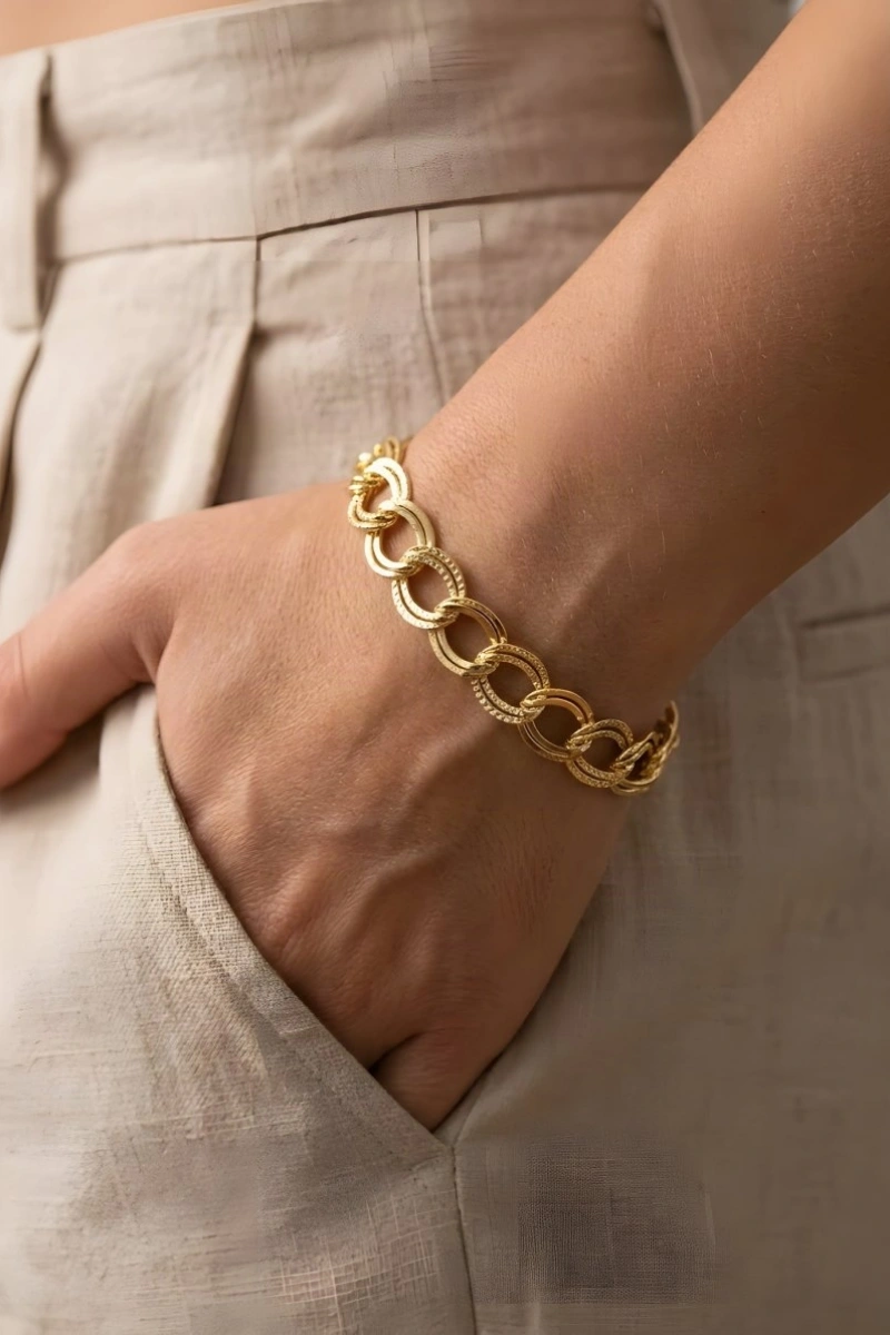 Desenli Düz Samanyolu Model Gold Altın Kaplama Bileklik
