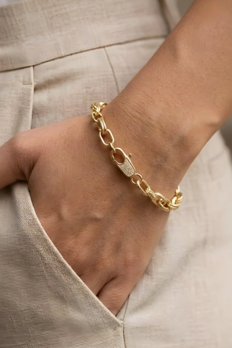 Minimal Taş Kilit Mirror Gold Altın Kaplama Bileklik