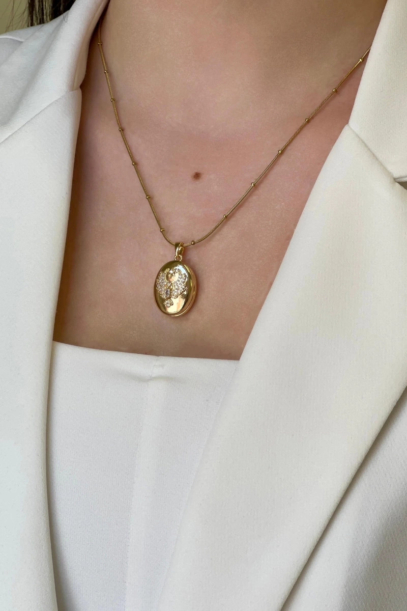 Alya Model Dorika Zincir Beyaz Taş Detay Gold Altın Kaplama Kolye
