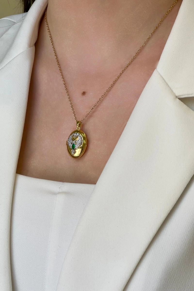 Alya Model İnce Zincir Zümrüt Taş Detay Gold Altın Kaplama Kolye
