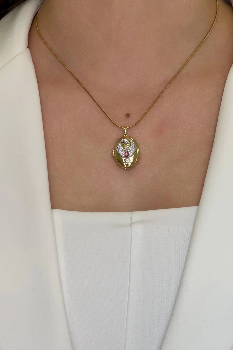 Alya Model Pembe Taş Detay Gold Altın Kaplama Kolye