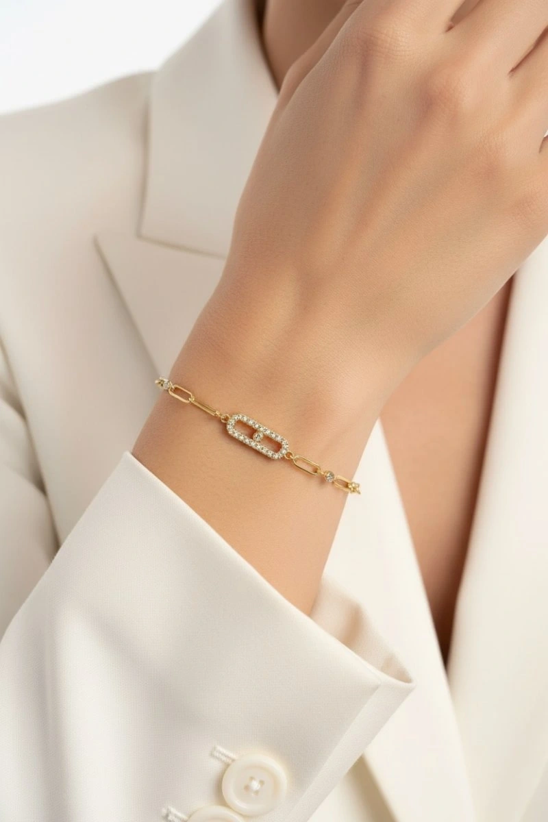 Ataç Zincir Tek Taş Detay Gold Altın Kaplama Bileklik