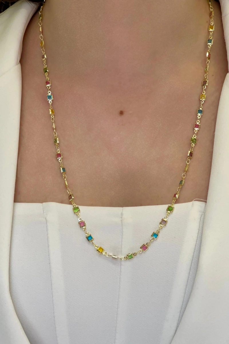 Bohem Model Renkli Baget Taş Detay Gold Altın Kaplama Kolye