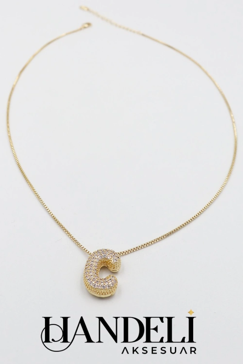 C Harf Zirkon Taşlı Balon Gold Altın Kaplama Kolye