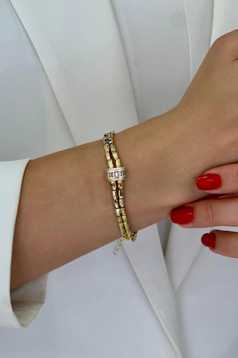 Çift Sıra Pul Model Baget Detay Gold Altın Kaplama Bileklik