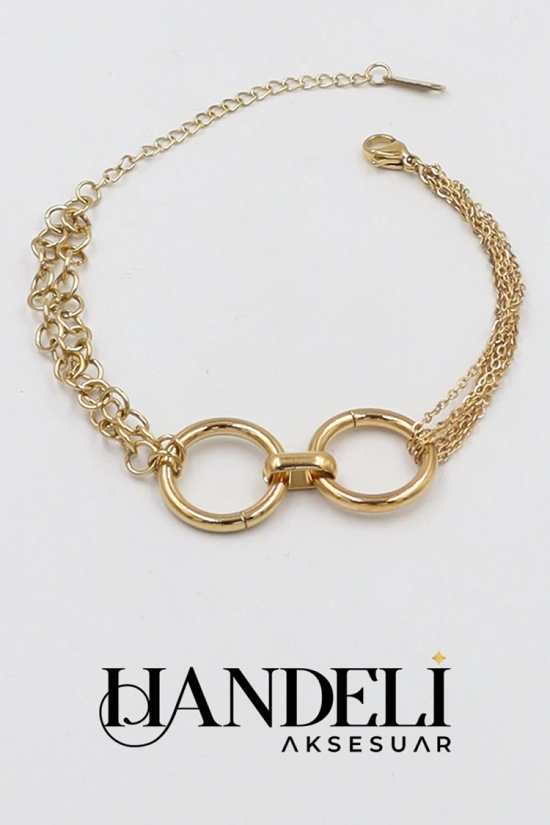 Çift Zincir Halka Gold Altın Kaplama Çelik Bileklik