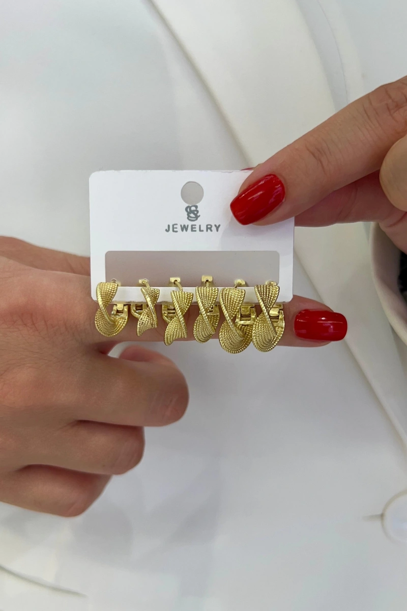 Döngü Model Altılı Gold Altın Kaplama Çoklu Küpe