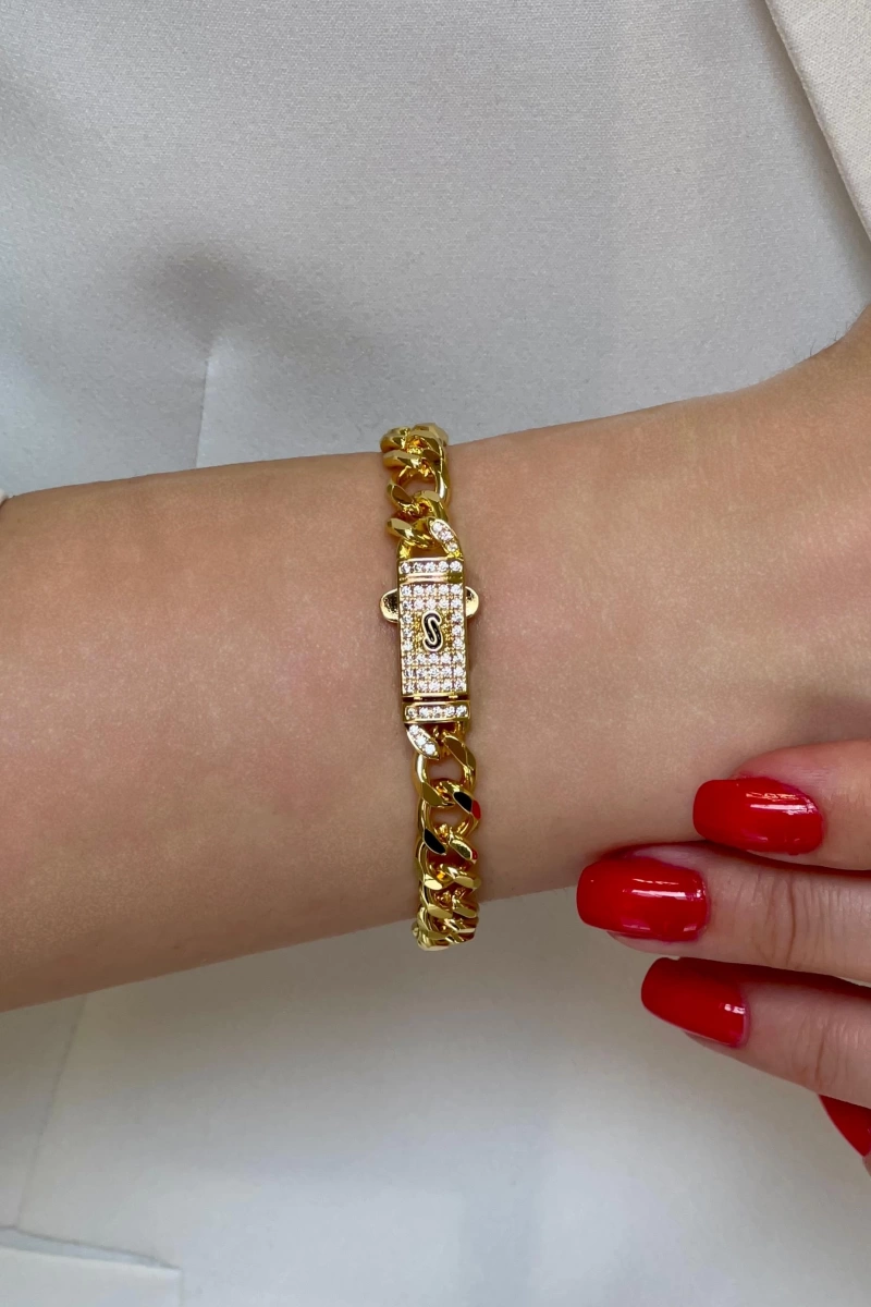 Gurmet Ezik Bağlı Kare Taş Detay Klips Gold Altın Kaplama Bileklik