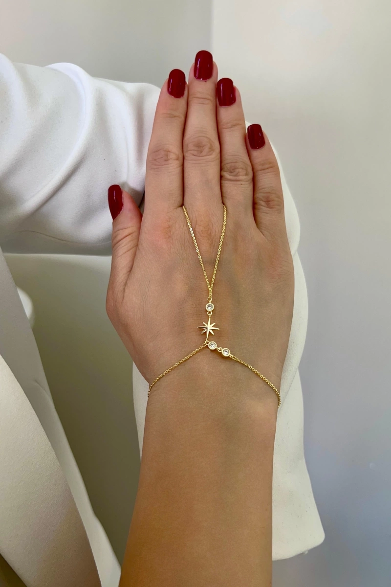 Halka Taş Detay Sekiz Köşe Yıldız Model Gold Altın Kaplama Şahmeran