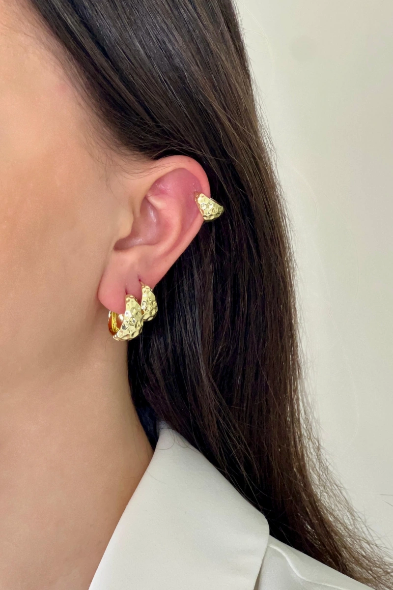 Kalın Oval Dövgü Model Altılı Gold Altın Kaplama Çoklu Küpe