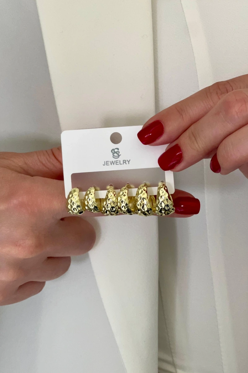 Kalın Oval Dövgü Model Altılı Gold Altın Kaplama Çoklu Küpe