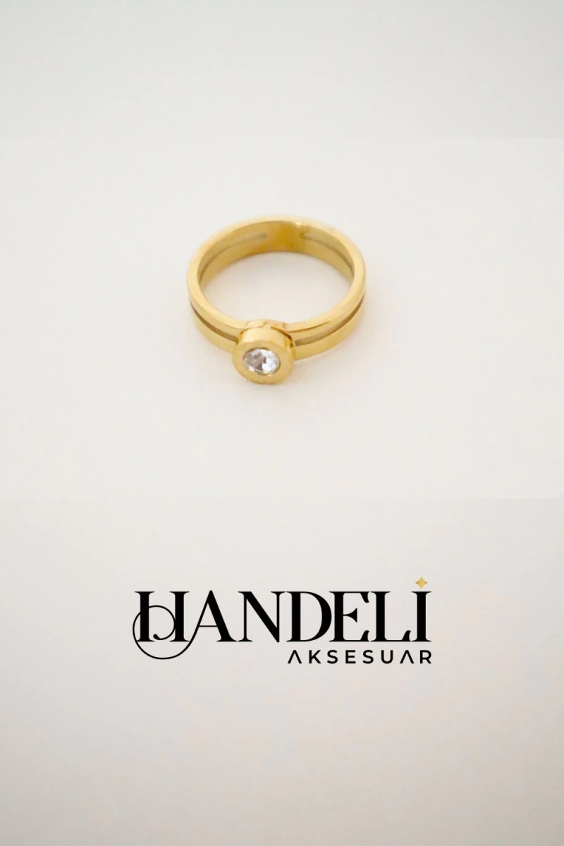 Kalın Tek Taş Model Gold Altın Kaplama Yüzük