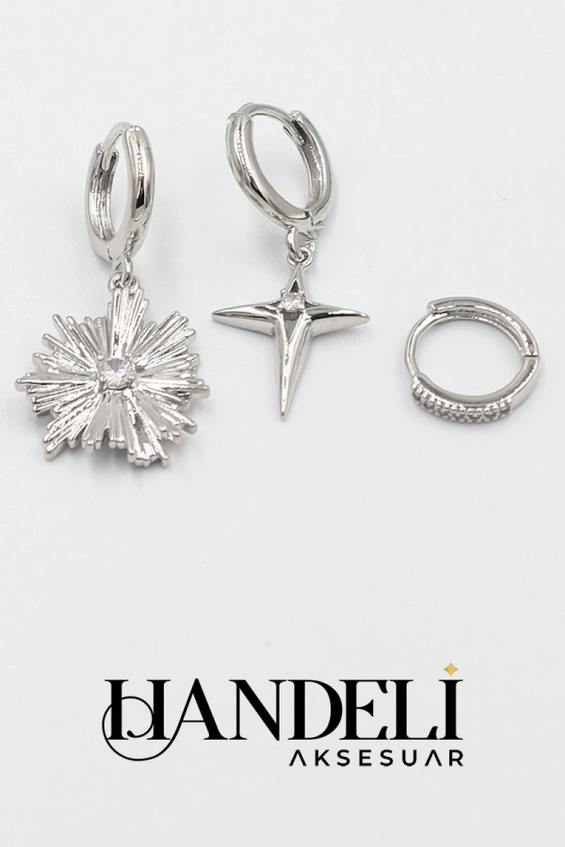 Meteor Detay Beyaz Altın Kaplama Üçlü Küpe