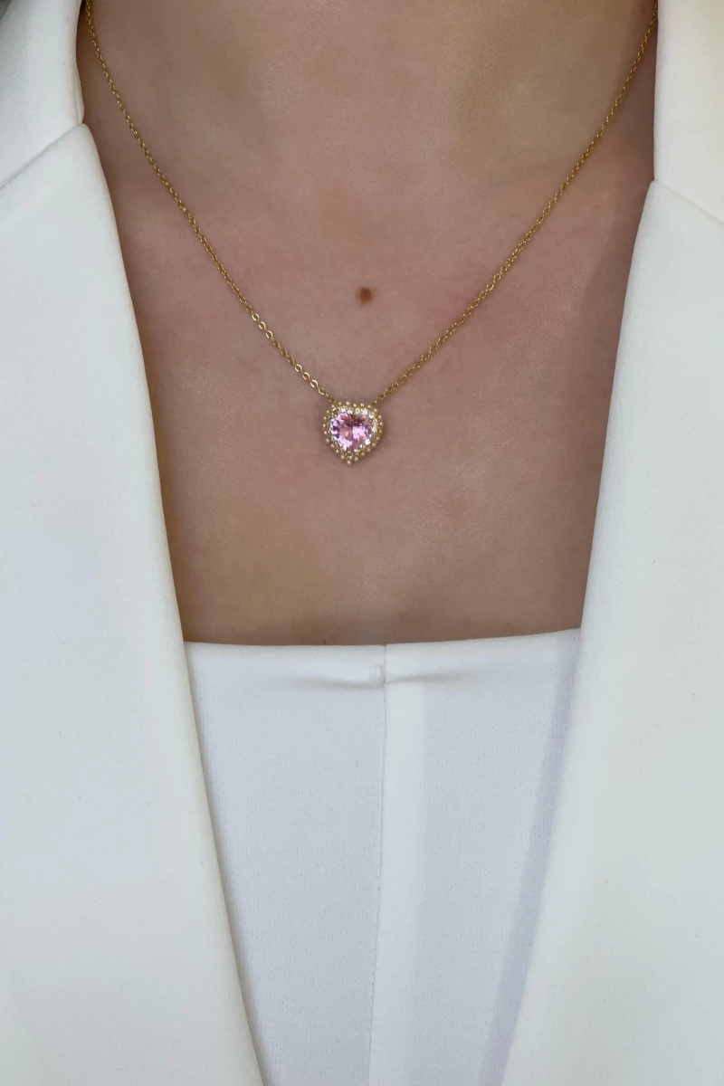 Pembe Kalp Model İnci Detay Gold Altın Kaplama Çelik Kolye