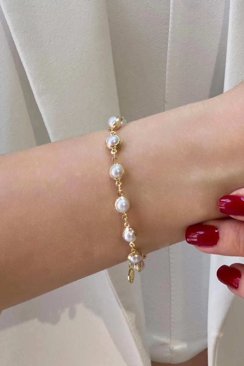 Sıralı İnci Model Gold Altın Kaplama Bileklik