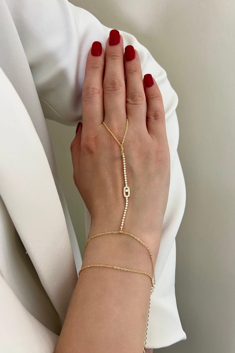 Sıralı Taş Detay Elips Model Gold Altın Kaplama Şahmeran