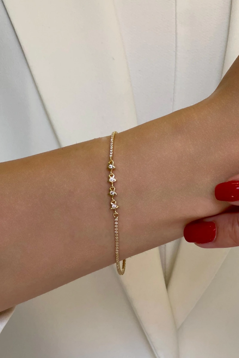 Su Yolu Zincir Dörtlü Yıldız Model Gold Altın Kaplama Bileklik