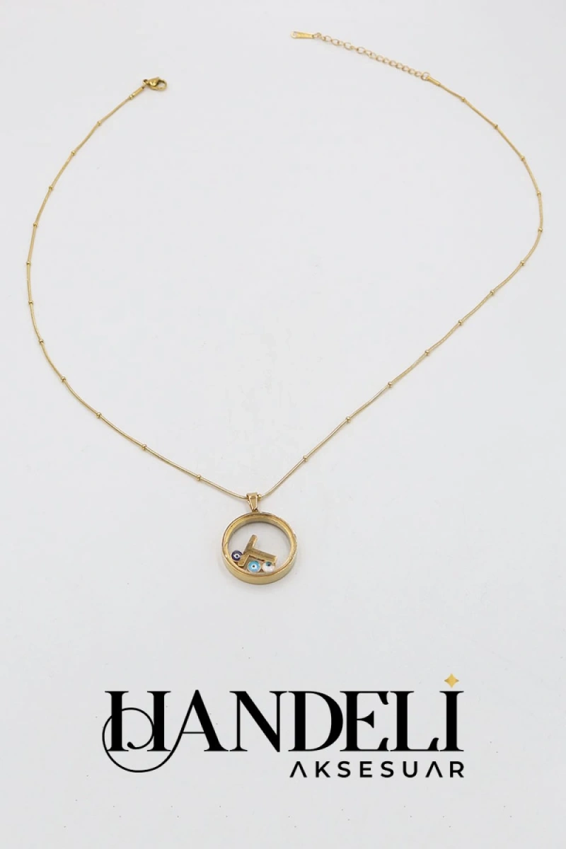 T Harf Cam Çerçeve Model Gold Altın Kaplama Çelik Kolye