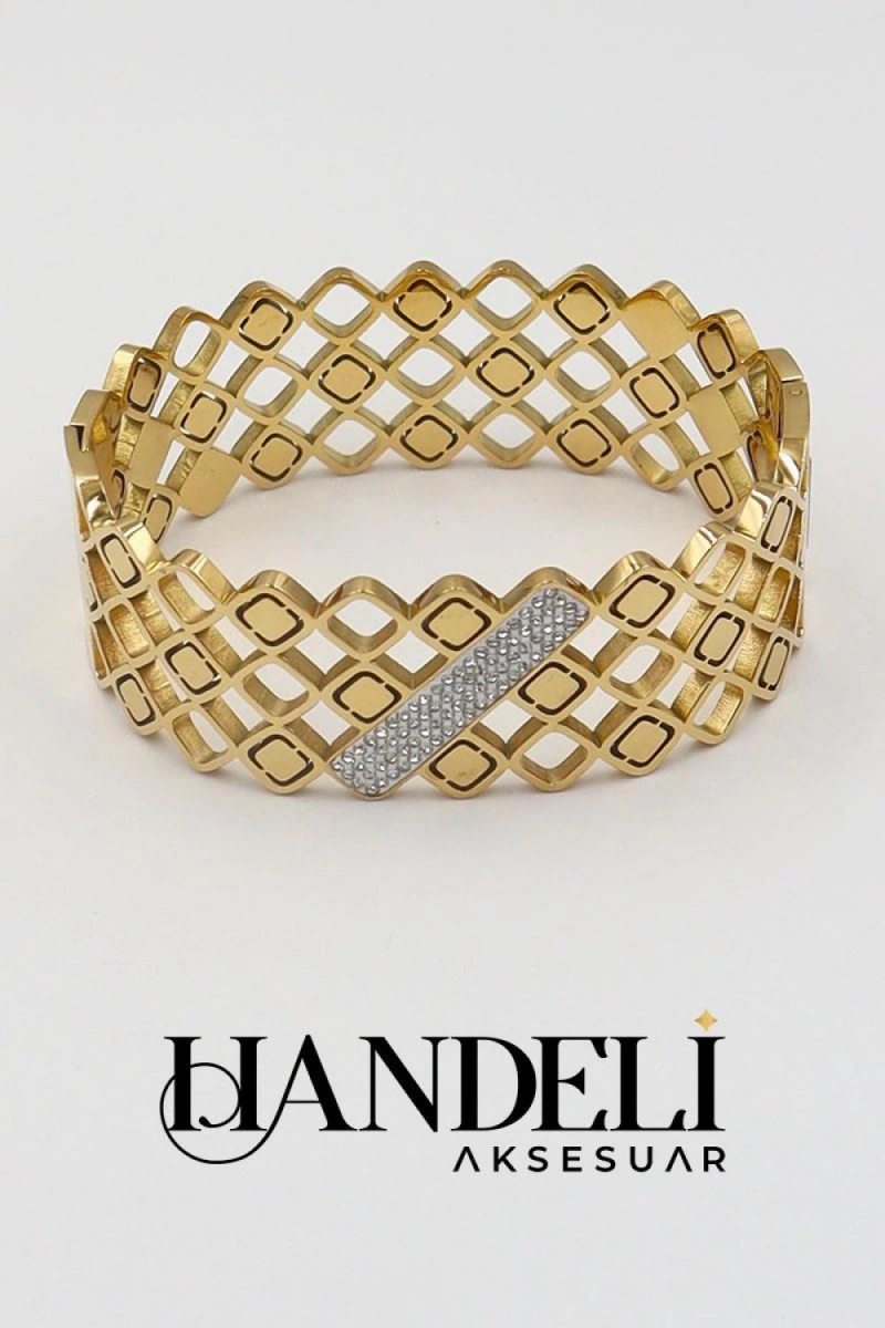 Tanos Model Taşlı Gold Altın Kaplama Çelik Bileklik