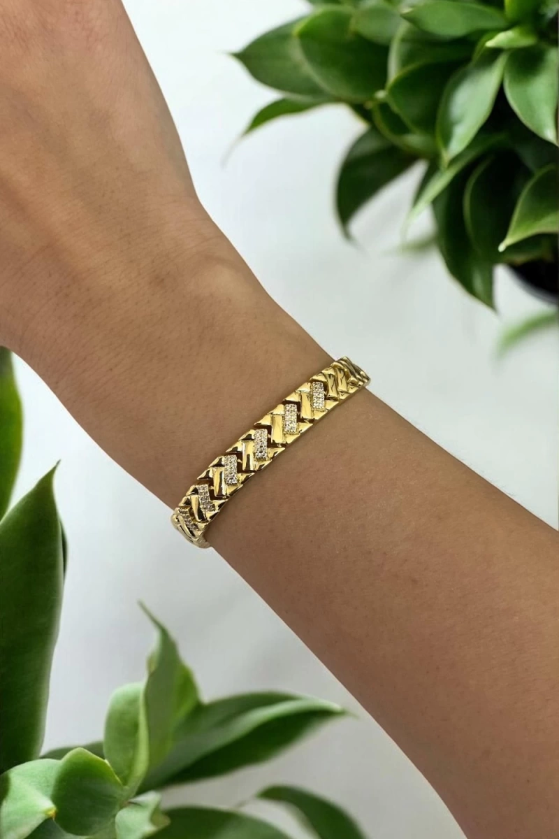 Taş Detay Çapraz Model Gold Altın Kaplama Bileklik